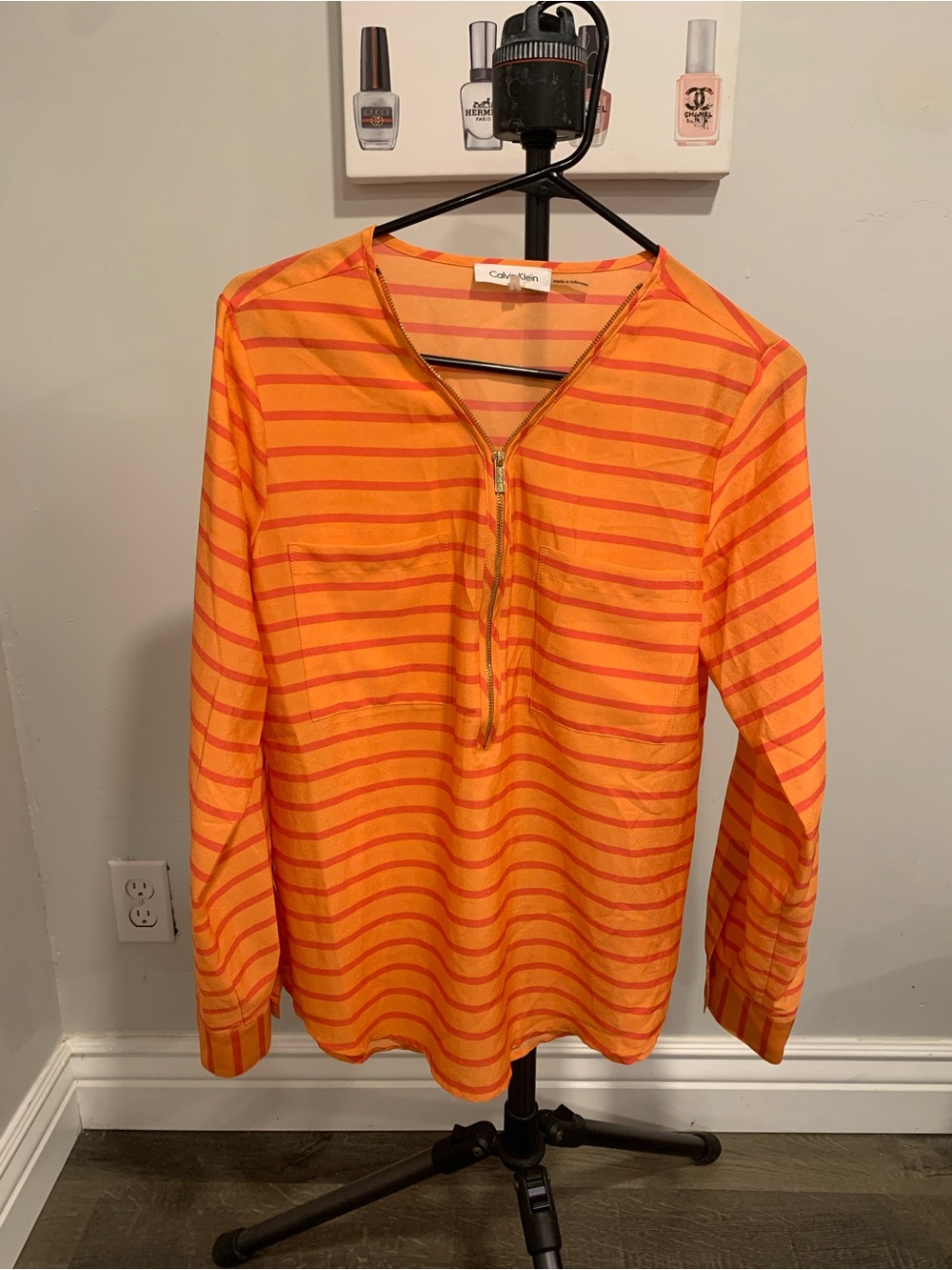 Calvin Klein Orange Striped Zip-Front Blouse -GB015